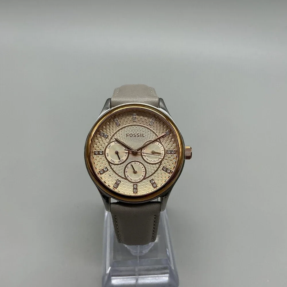 Fossil Suitor Womens Watch 36mm Two Tone Beige Leather Multifunction New Battery
